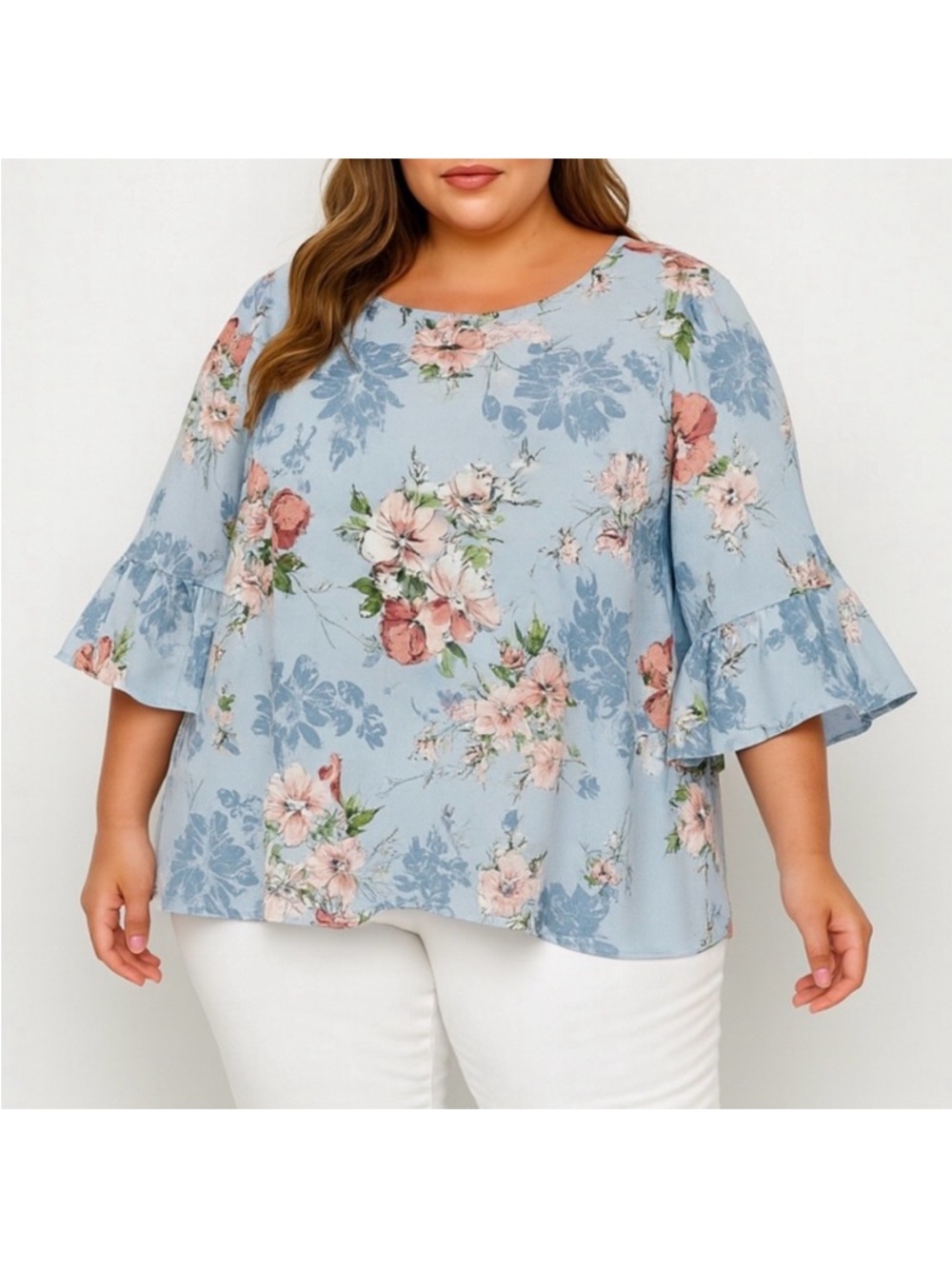 Bobeau Blue Floral Ruffle Bell Sleeve Crepe Blouse Top Plus 2X